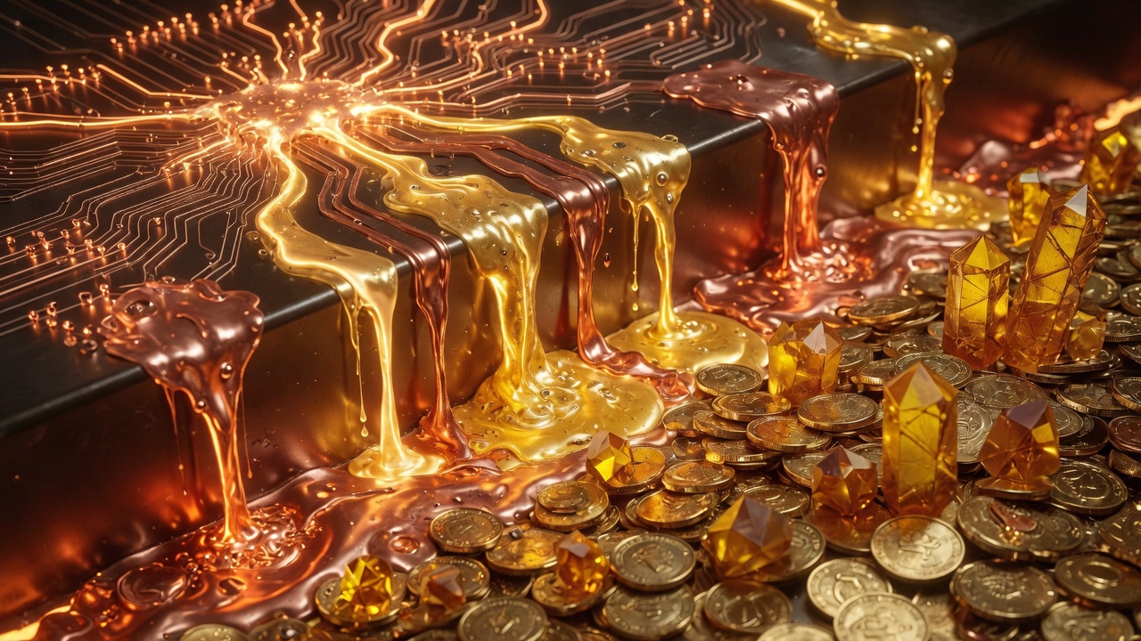 Molten gold flowing from AI circuits into crypto coins